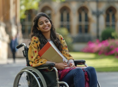 A young Dibyangjan woman smiling in her wheelchair on a college campus, holding books
